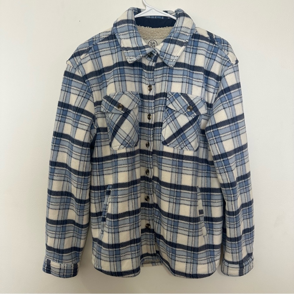 Sage Collective Blue Plaid Plush Shirt Jacket Shacket Thick Cozy Sz Medium